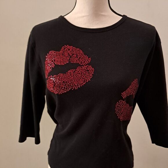 Issac Designs top women's medium M lips rhinestones black red novelty valentines - Picture 3 of 12